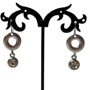 Vintage Silver Tone Circle Donut Dangle Drop Earrings Clear Stone